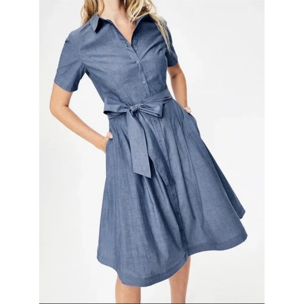 Boden Anastasia Blue Tie Shirt Dress Women's Size 10r Nautical Cotton Stretch‎